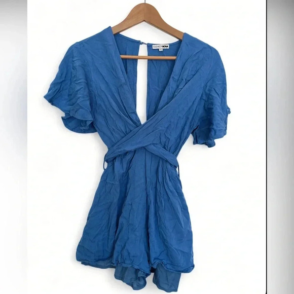 Fashion Nova Bebe Blue  Wrap Jumpsuit size medium - Picture 1 of 6
